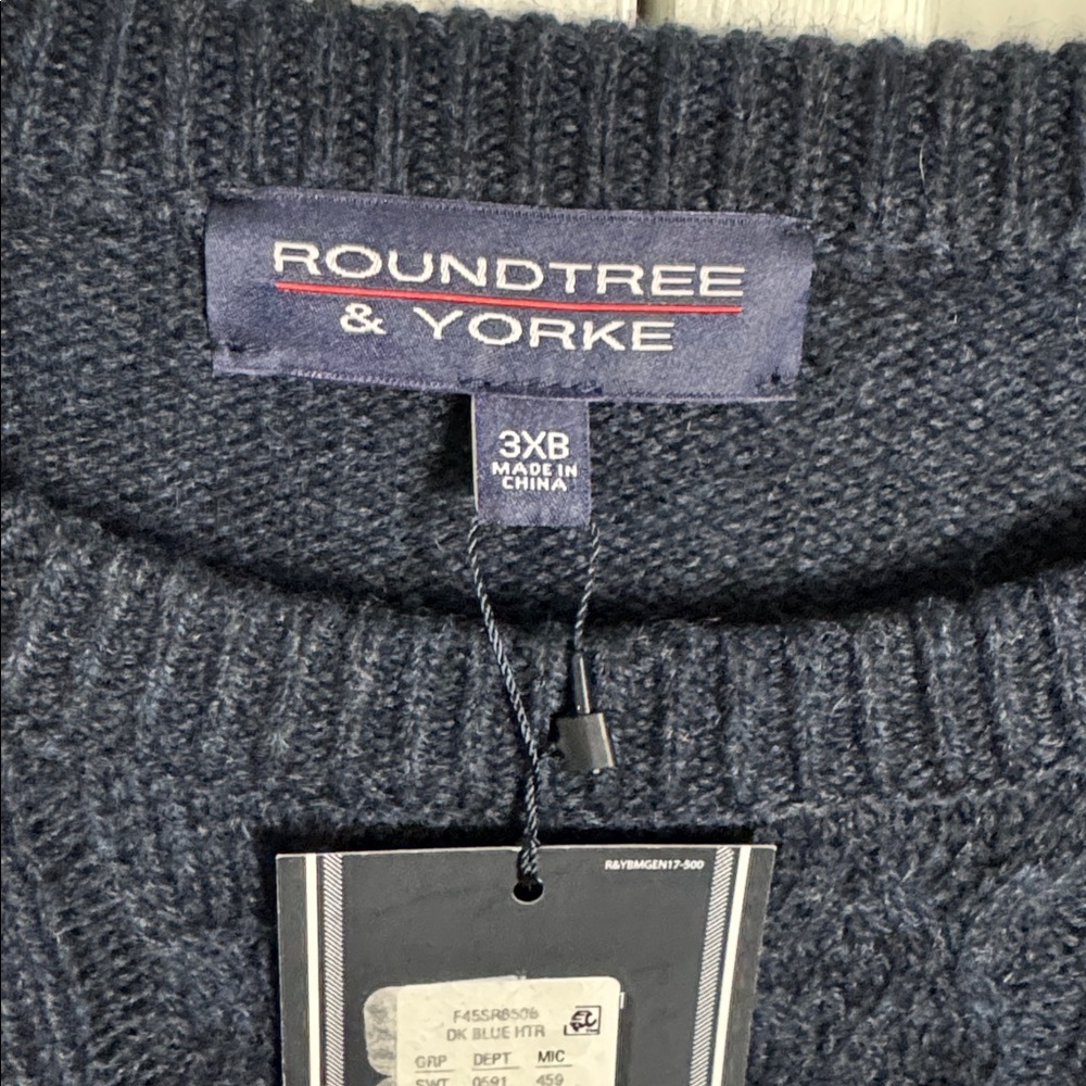 NWT Roundtree & Yorke 3X 3XB Navy Wool Blend Fisherman Style Cable knit Sweater - Picture 5 of 10